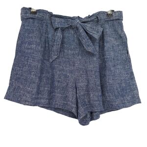 Max Studio Shorts Linen Blue High Rise Pull On Stretch Waist Tie Belt Small